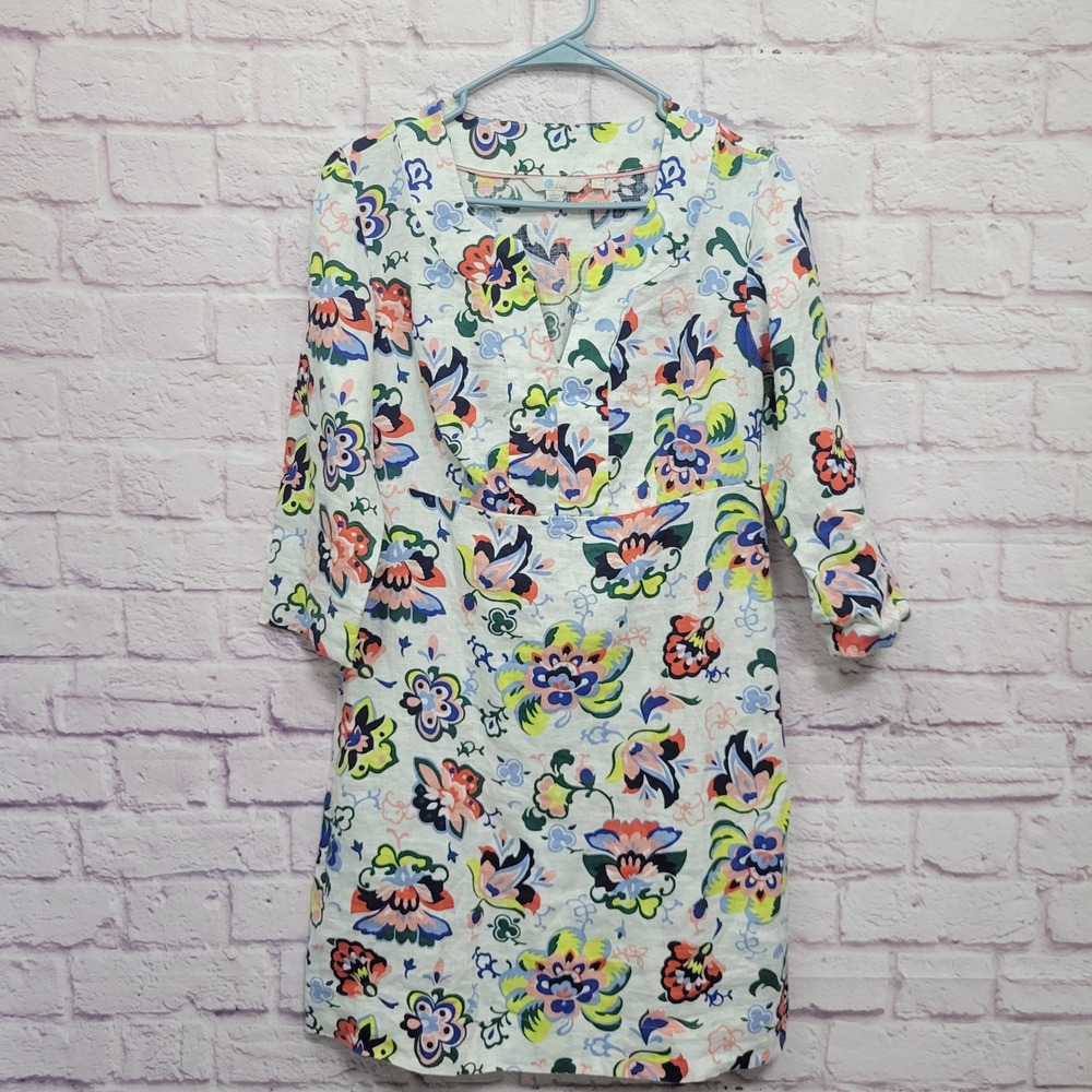 Boden 100% Linen Floral Dress Size 6R 3/4 Sleeves Retro Office Travel Resortwear